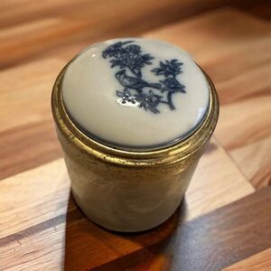 vintage brass container with blue and white ceramic lid chinoiserie